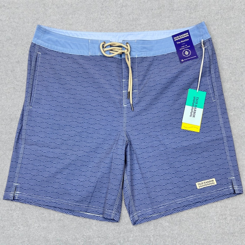 NEW Fair Harbor Board Shorts Men's 38 Blue Waves The Nautilus Unlined Surf Beach
